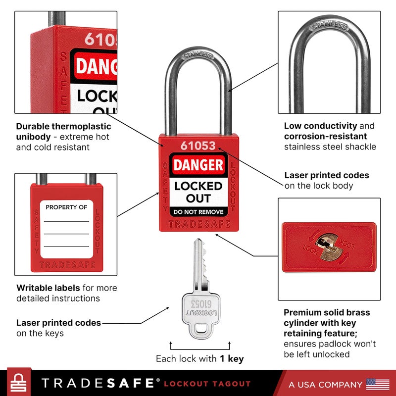 TRADESAFE Lockout Tagout Locks Set - 10 Red Loto Locks  Lockout Locks Keyed Different  1 Key Per Lock  OSHA Compliant Lock Out Tag Out Padlocks  Safety Padlocks for Electrical Lockout Tag Out Kits - Image 4
